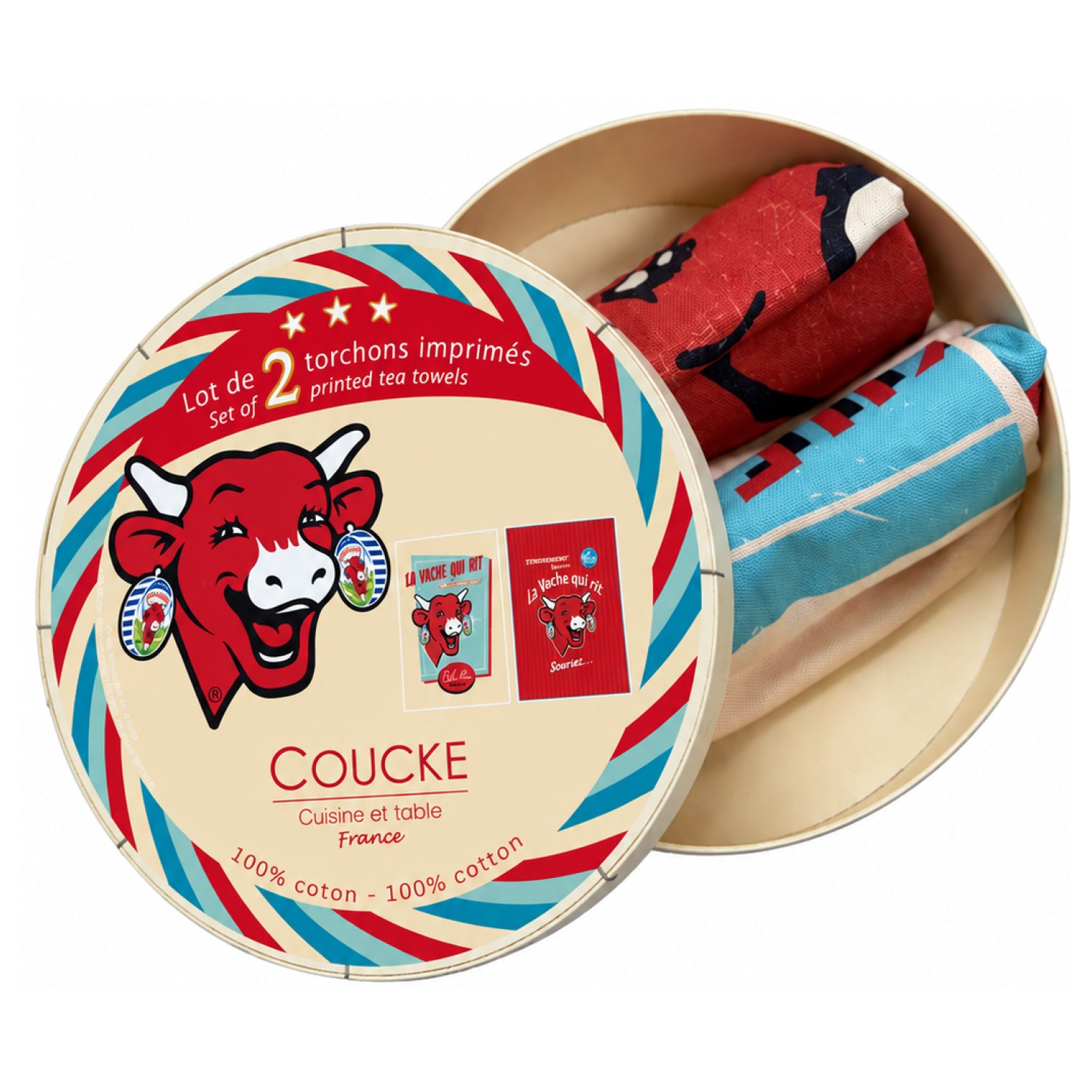 Coffret Lot de 2 torchons coton imprimé La Vache Qui Rit ® Rétro Vanille & Rouge