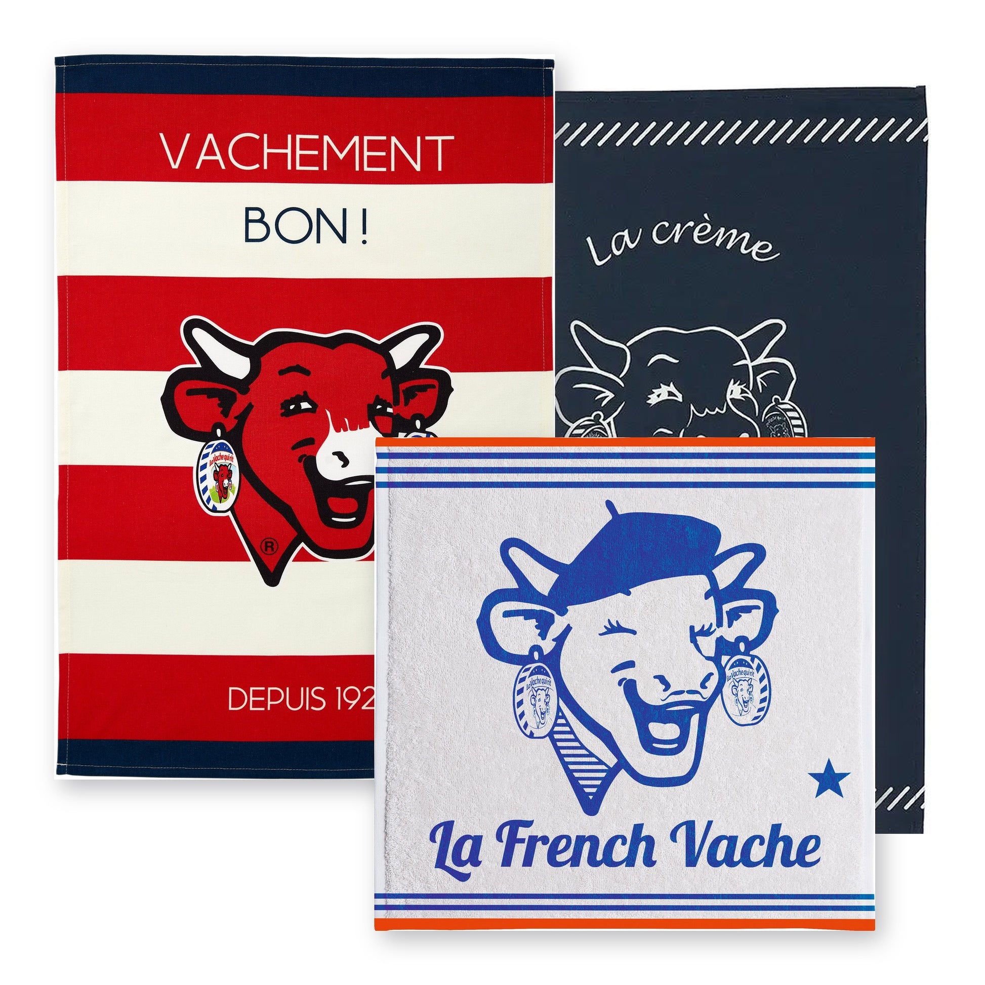 Pack La Vache Qui Rit ® : torchons Rayé Rouge et La Crème de la Crème 50x75 cm + essuie-mains La French 50x50 cm